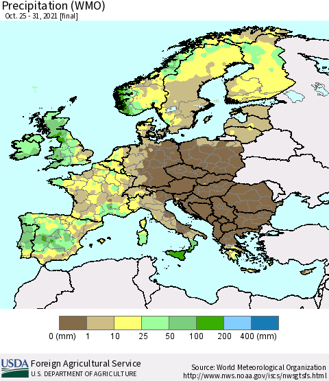 Europe Precipitation (WMO) Thematic Map For 10/25/2021 - 10/31/2021