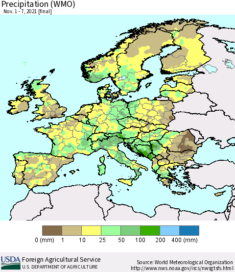 Europe Precipitation (WMO) Thematic Map For 11/1/2021 - 11/7/2021