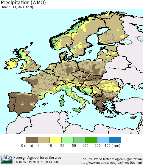 Europe Precipitation (WMO) Thematic Map For 11/8/2021 - 11/14/2021