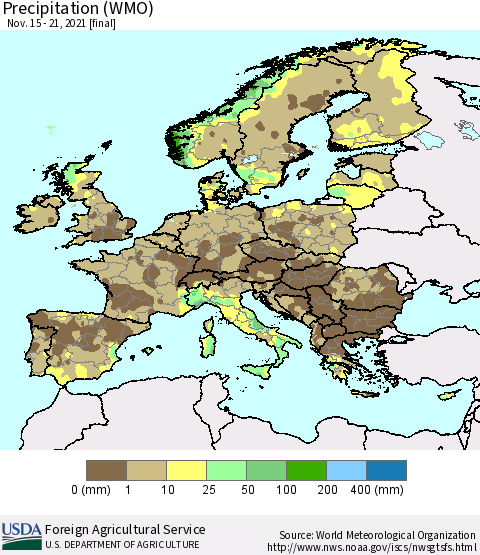 Europe Precipitation (WMO) Thematic Map For 11/15/2021 - 11/21/2021