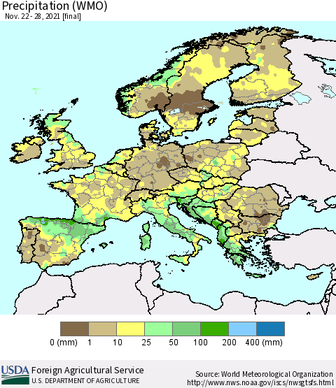 Europe Precipitation (WMO) Thematic Map For 11/22/2021 - 11/28/2021