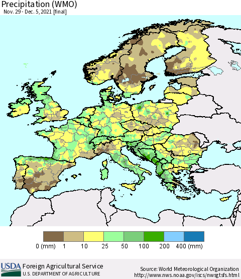 Europe Precipitation (WMO) Thematic Map For 11/29/2021 - 12/5/2021