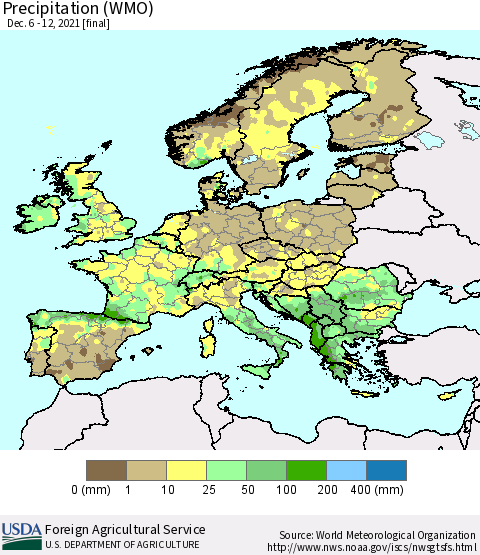 Europe Precipitation (WMO) Thematic Map For 12/6/2021 - 12/12/2021