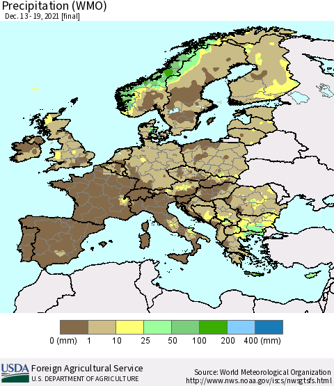 Europe Precipitation (WMO) Thematic Map For 12/13/2021 - 12/19/2021