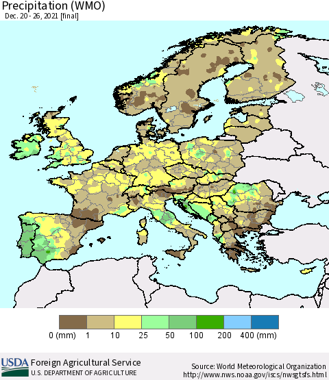 Europe Precipitation (WMO) Thematic Map For 12/20/2021 - 12/26/2021