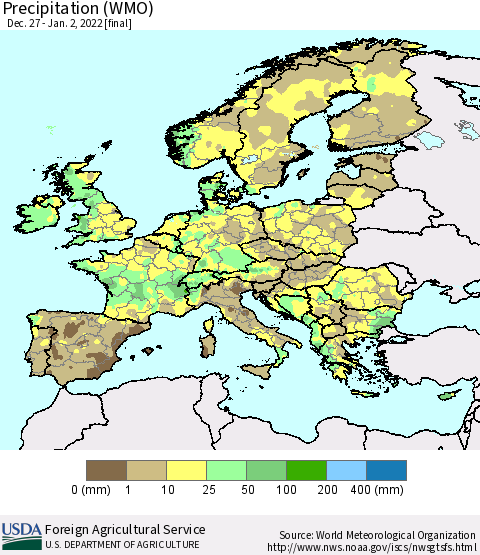Europe Precipitation (WMO) Thematic Map For 12/27/2021 - 1/2/2022