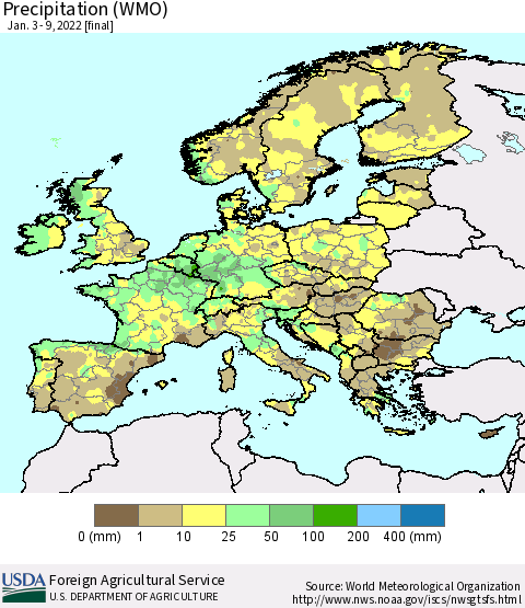 Europe Precipitation (WMO) Thematic Map For 1/3/2022 - 1/9/2022