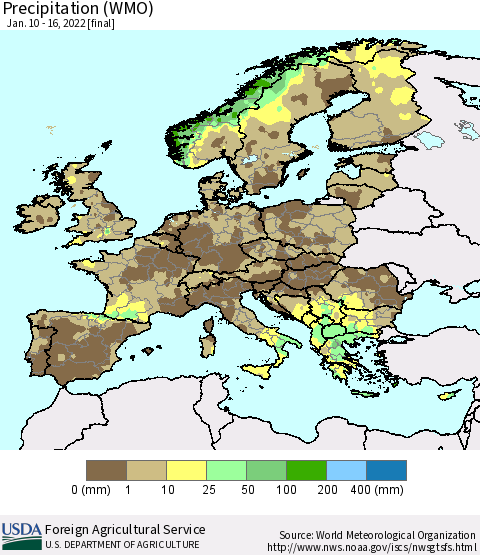 Europe Precipitation (WMO) Thematic Map For 1/10/2022 - 1/16/2022