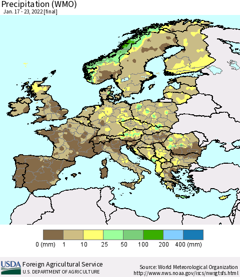 Europe Precipitation (WMO) Thematic Map For 1/17/2022 - 1/23/2022