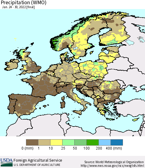 Europe Precipitation (WMO) Thematic Map For 1/24/2022 - 1/30/2022