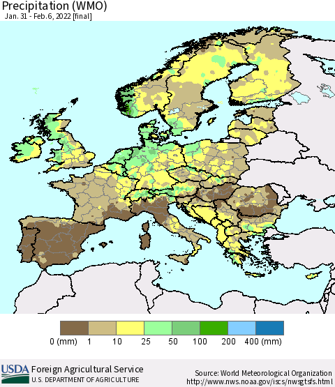 Europe Precipitation (WMO) Thematic Map For 1/31/2022 - 2/6/2022