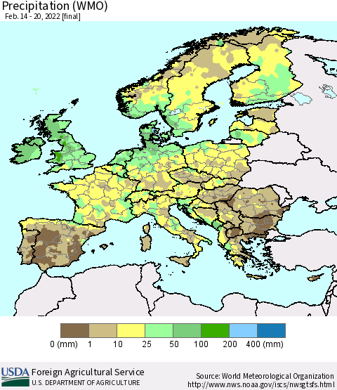 Europe Precipitation (WMO) Thematic Map For 2/14/2022 - 2/20/2022