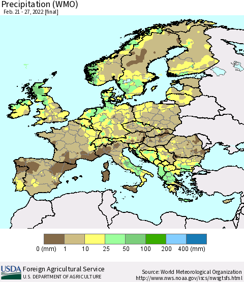 Europe Precipitation (WMO) Thematic Map For 2/21/2022 - 2/27/2022