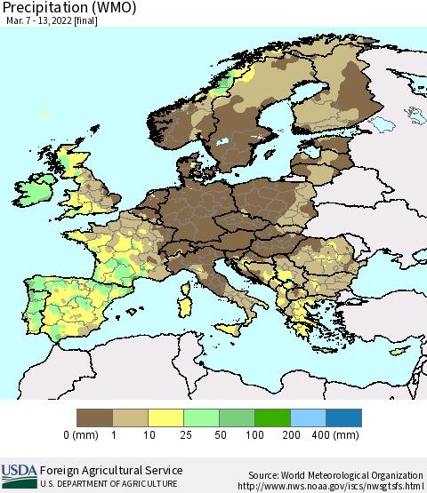 Europe Precipitation (WMO) Thematic Map For 3/7/2022 - 3/13/2022