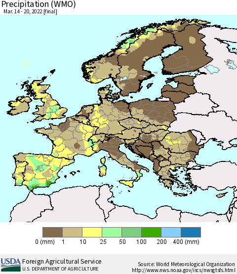 Europe Precipitation (WMO) Thematic Map For 3/14/2022 - 3/20/2022