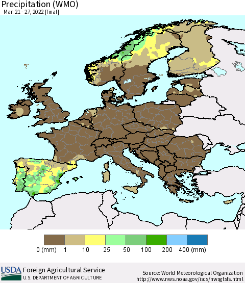 Europe Precipitation (WMO) Thematic Map For 3/21/2022 - 3/27/2022