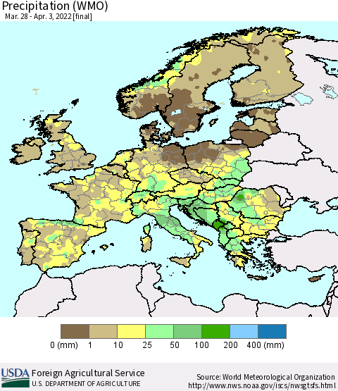 Europe Precipitation (WMO) Thematic Map For 3/28/2022 - 4/3/2022