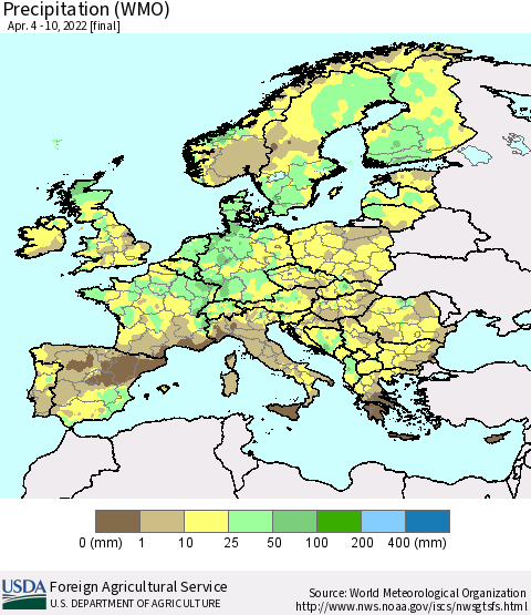 Europe Precipitation (WMO) Thematic Map For 4/4/2022 - 4/10/2022