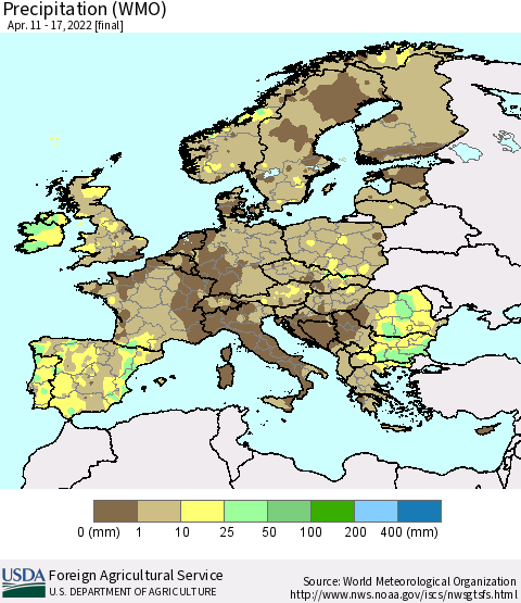 Europe Precipitation (WMO) Thematic Map For 4/11/2022 - 4/17/2022