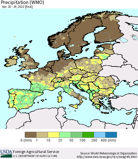 Europe Precipitation (WMO) Thematic Map For 4/18/2022 - 4/24/2022