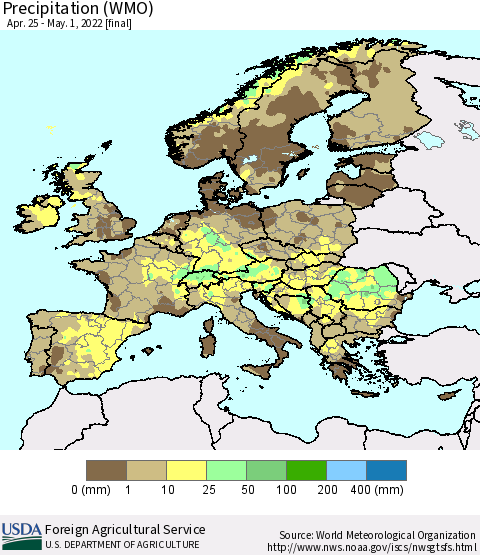 Europe Precipitation (WMO) Thematic Map For 4/25/2022 - 5/1/2022