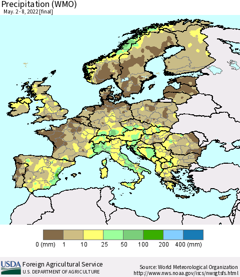 Europe Precipitation (WMO) Thematic Map For 5/2/2022 - 5/8/2022