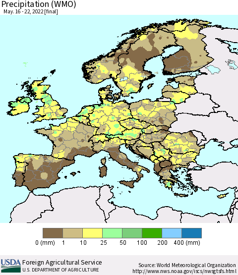 Europe Precipitation (WMO) Thematic Map For 5/16/2022 - 5/22/2022