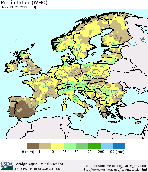 Europe Precipitation (WMO) Thematic Map For 5/23/2022 - 5/29/2022