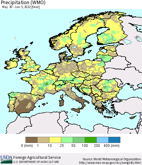 Europe Precipitation (WMO) Thematic Map For 5/30/2022 - 6/5/2022