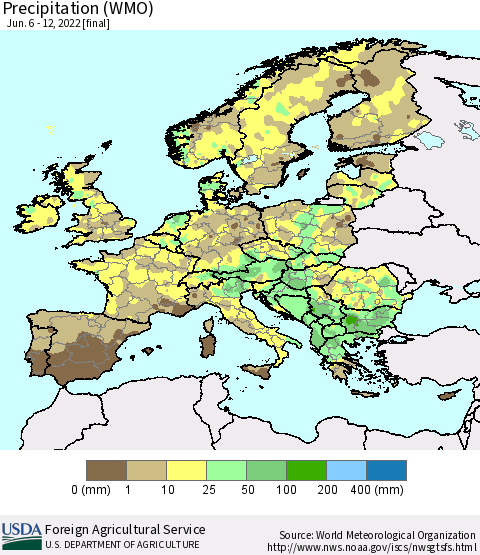 Europe Precipitation (WMO) Thematic Map For 6/6/2022 - 6/12/2022