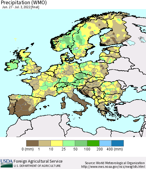 Europe Precipitation (WMO) Thematic Map For 6/27/2022 - 7/3/2022