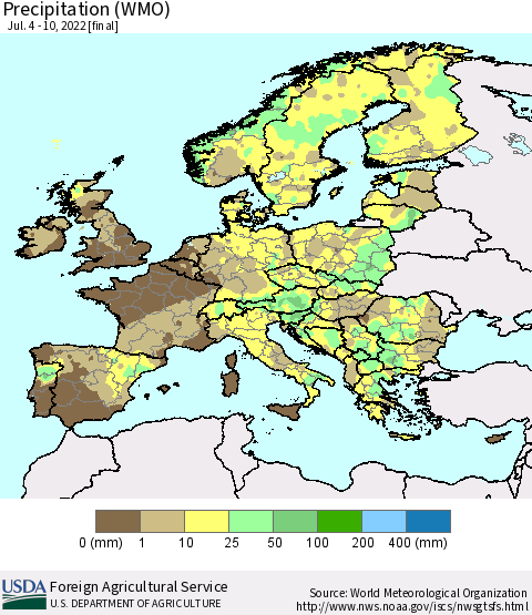 Europe Precipitation (WMO) Thematic Map For 7/4/2022 - 7/10/2022