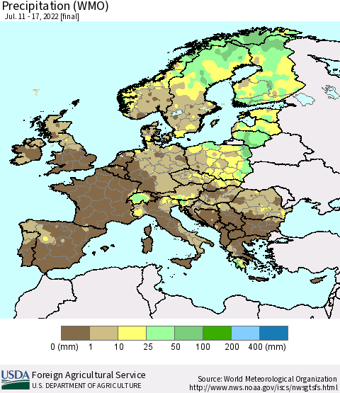 Europe Precipitation (WMO) Thematic Map For 7/11/2022 - 7/17/2022