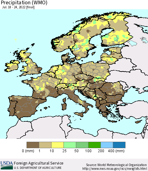 Europe Precipitation (WMO) Thematic Map For 7/18/2022 - 7/24/2022