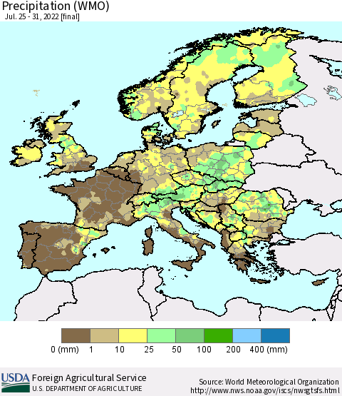 Europe Precipitation (WMO) Thematic Map For 7/25/2022 - 7/31/2022