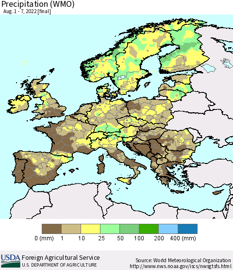 Europe Precipitation (WMO) Thematic Map For 8/1/2022 - 8/7/2022