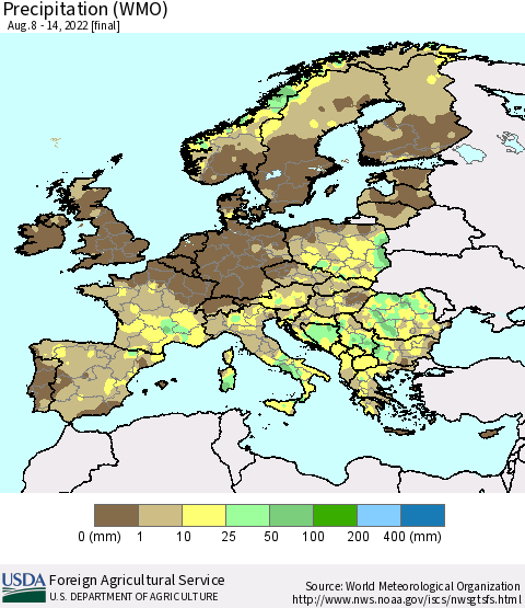 Europe Precipitation (WMO) Thematic Map For 8/8/2022 - 8/14/2022