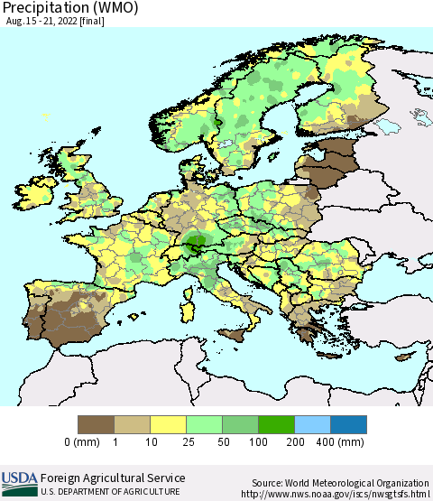 Europe Precipitation (WMO) Thematic Map For 8/15/2022 - 8/21/2022
