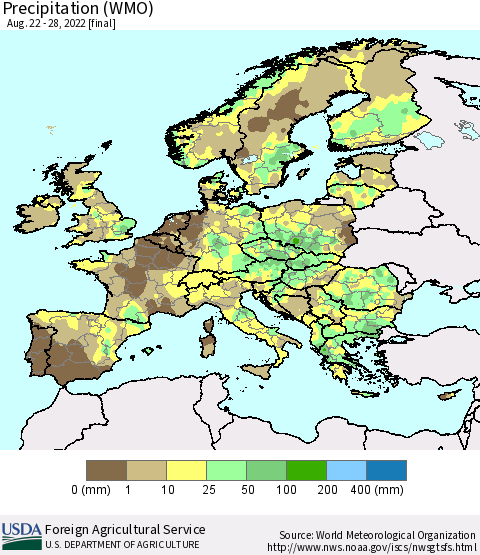 Europe Precipitation (WMO) Thematic Map For 8/22/2022 - 8/28/2022