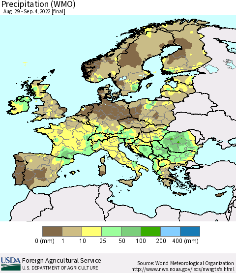 Europe Precipitation (WMO) Thematic Map For 8/29/2022 - 9/4/2022