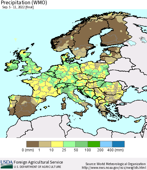 Europe Precipitation (WMO) Thematic Map For 9/5/2022 - 9/11/2022