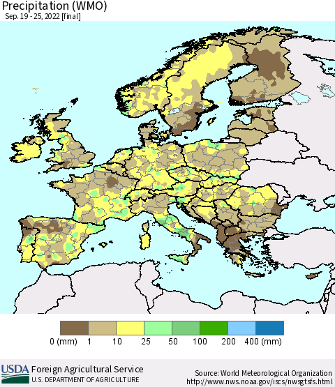 Europe Precipitation (WMO) Thematic Map For 9/19/2022 - 9/25/2022