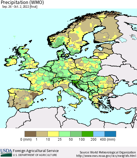 Europe Precipitation (WMO) Thematic Map For 9/26/2022 - 10/2/2022