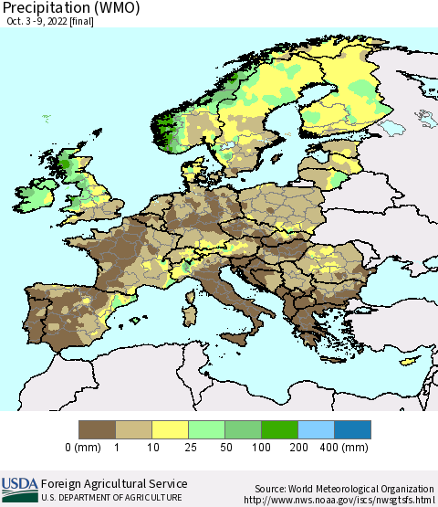 Europe Precipitation (WMO) Thematic Map For 10/3/2022 - 10/9/2022