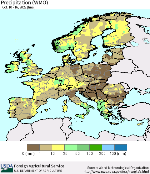 Europe Precipitation (WMO) Thematic Map For 10/10/2022 - 10/16/2022