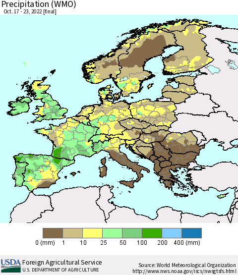 Europe Precipitation (WMO) Thematic Map For 10/17/2022 - 10/23/2022