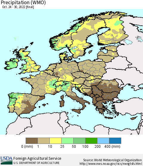 Europe Precipitation (WMO) Thematic Map For 10/24/2022 - 10/30/2022