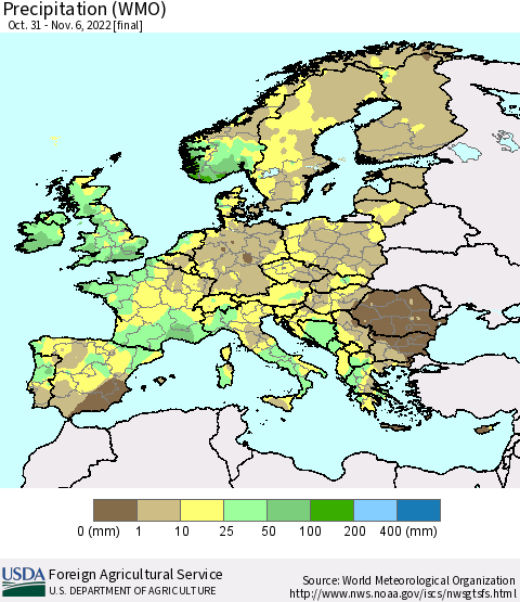Europe Precipitation (WMO) Thematic Map For 10/31/2022 - 11/6/2022