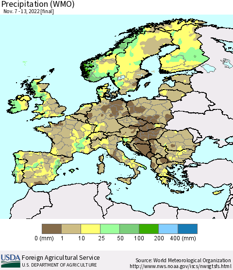 Europe Precipitation (WMO) Thematic Map For 11/7/2022 - 11/13/2022