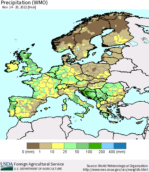 Europe Precipitation (WMO) Thematic Map For 11/14/2022 - 11/20/2022